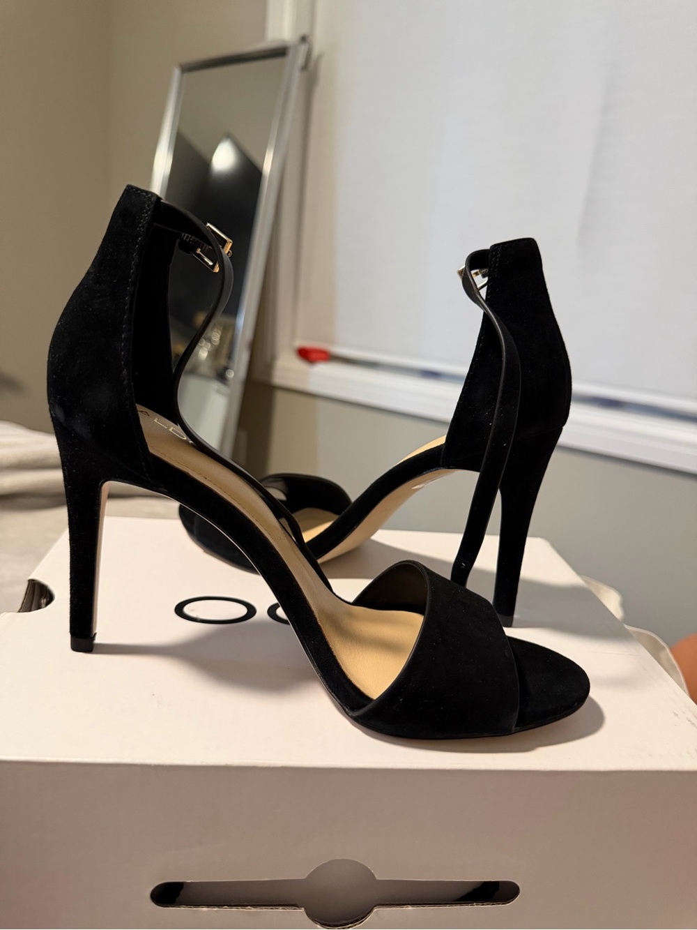Aldo Black Suede Open-Toe Ankle-Strap Stilettos